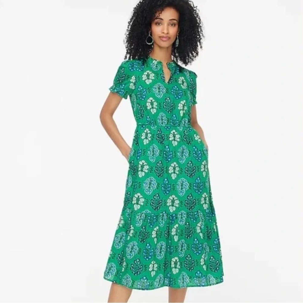NWT J.Crew Printed Ruffleneck Puff-Sleeve Midi Dress